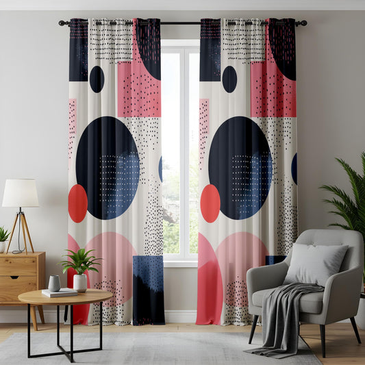 Onay Retro Polka Dot Window Curtains, Coral Blue Geometric Panels