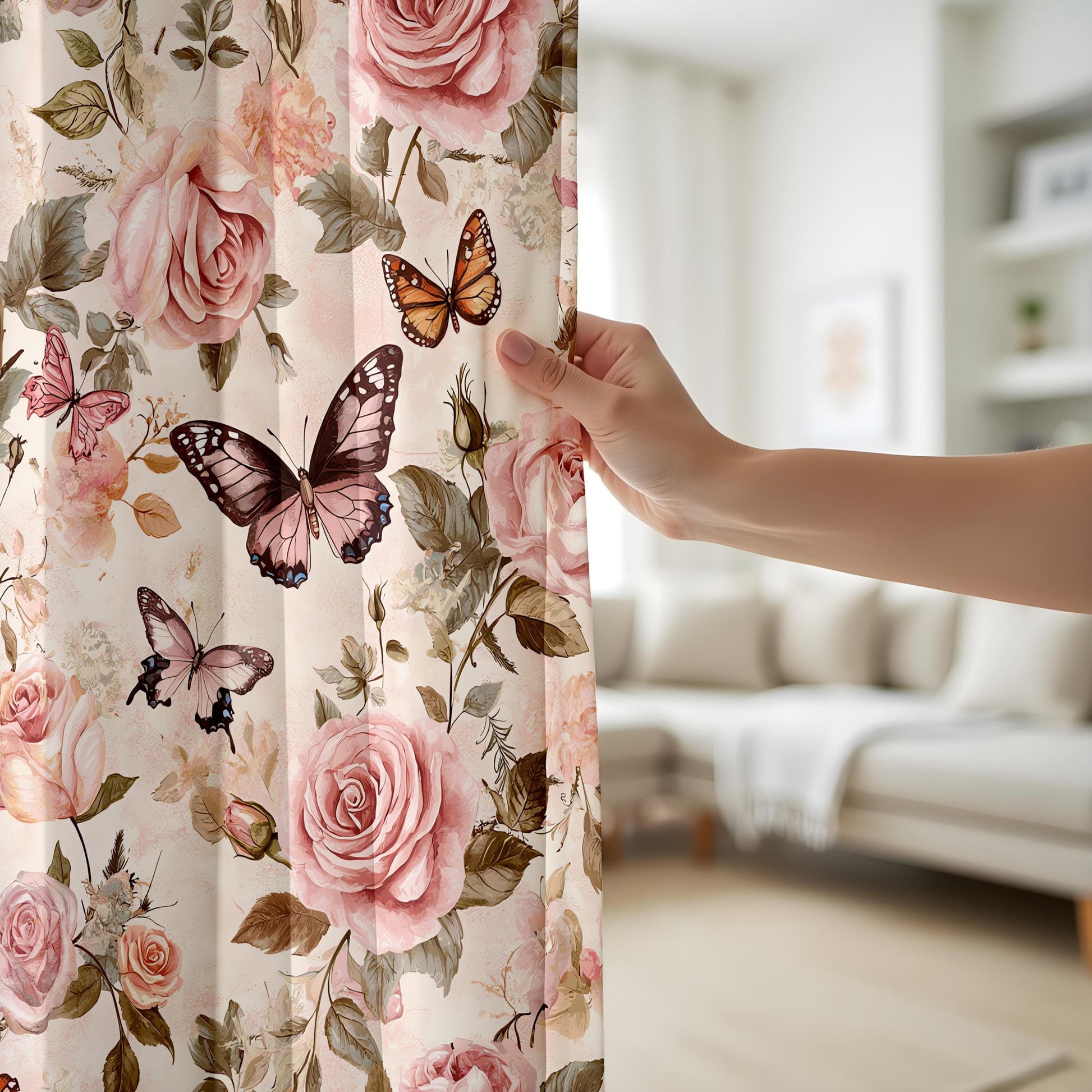 Onay Romantic Rose Butterfly Living Room Curtains, Vintage Floral Window Drapes