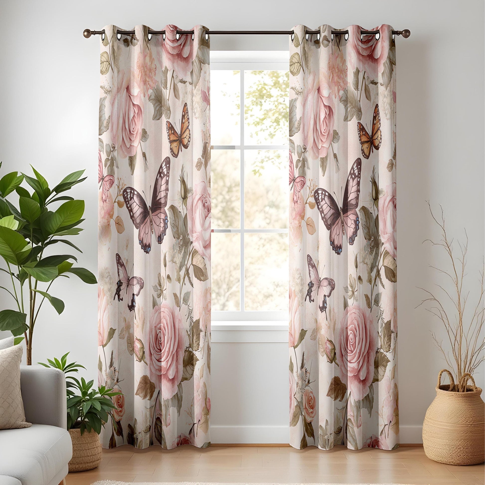 Onay Romantic Rose Butterfly Living Room Curtains, Vintage Floral Window Drapes