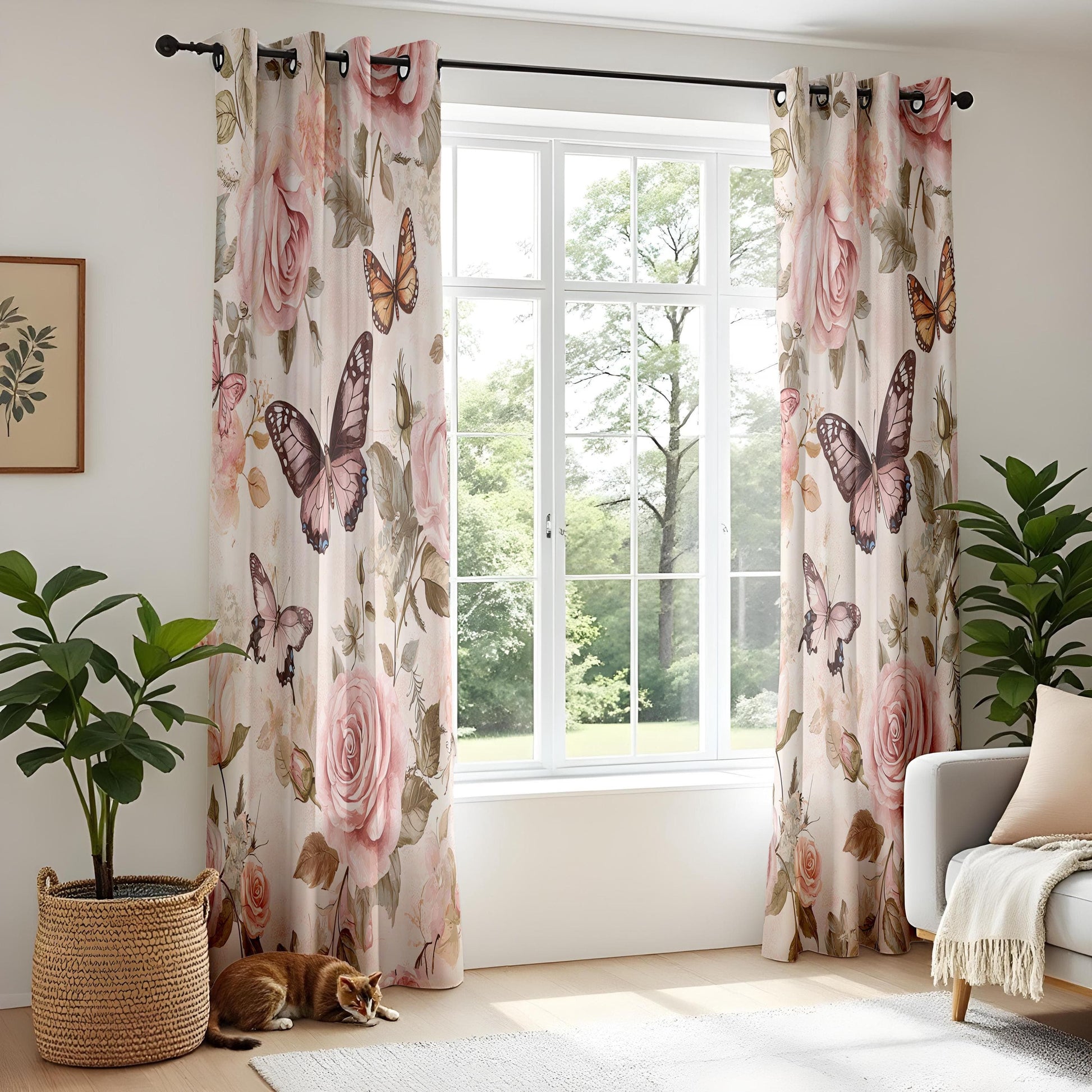 Onay Romantic Rose Butterfly Living Room Curtains, Vintage Floral Window Drapes