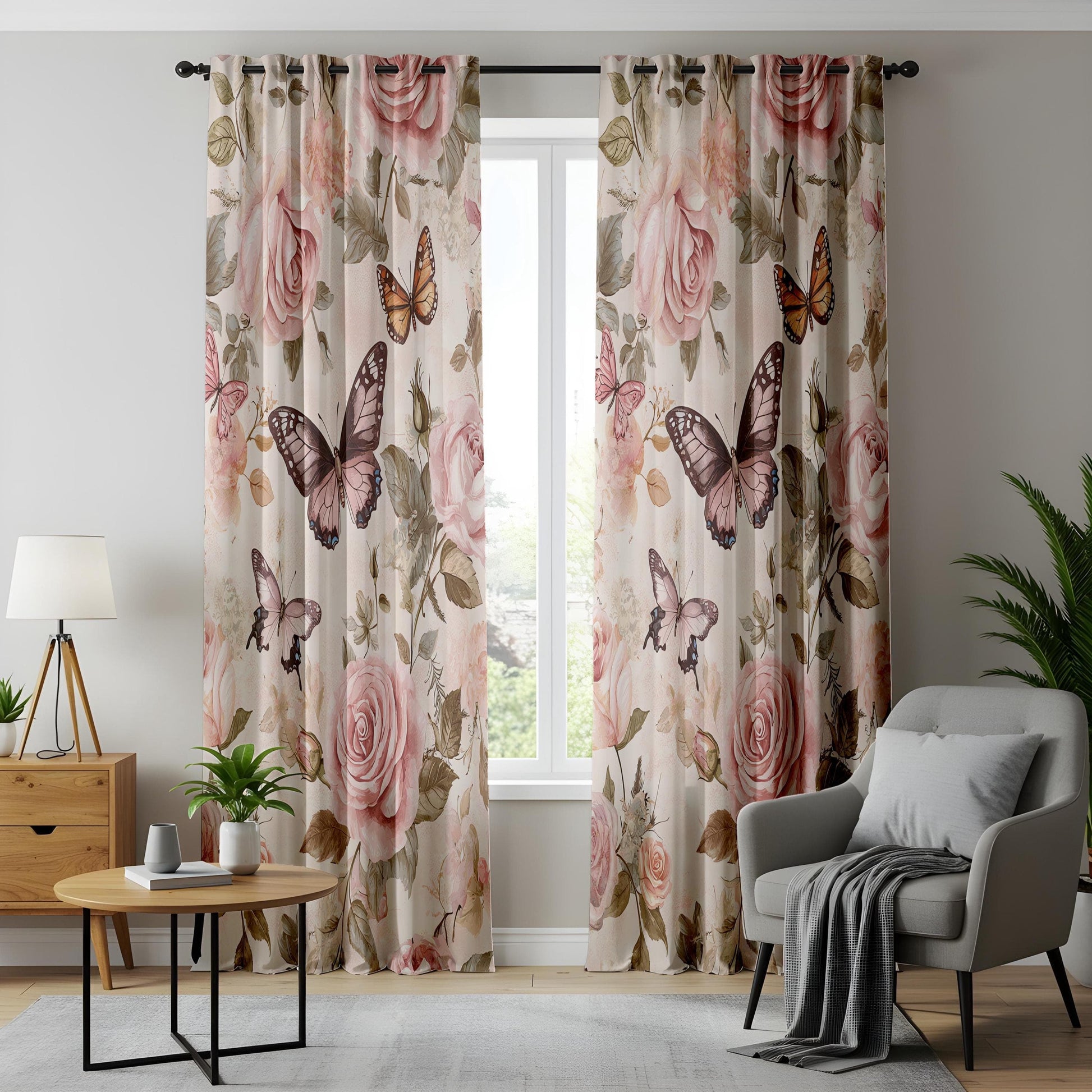 Onay Romantic Rose Butterfly Living Room Curtains, Vintage Floral Window Drapes