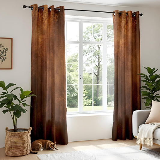 Onay Rustic Brown Distressed Curtains, Vintage Industrial Window Drapes