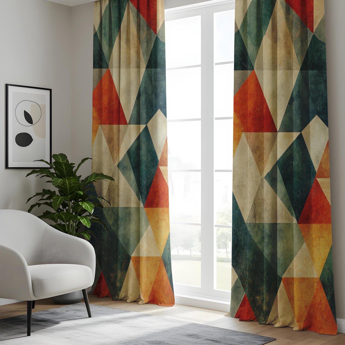 Onay Rustic Geometric Window Curtains, Earth-Tone Abstract Pattern
