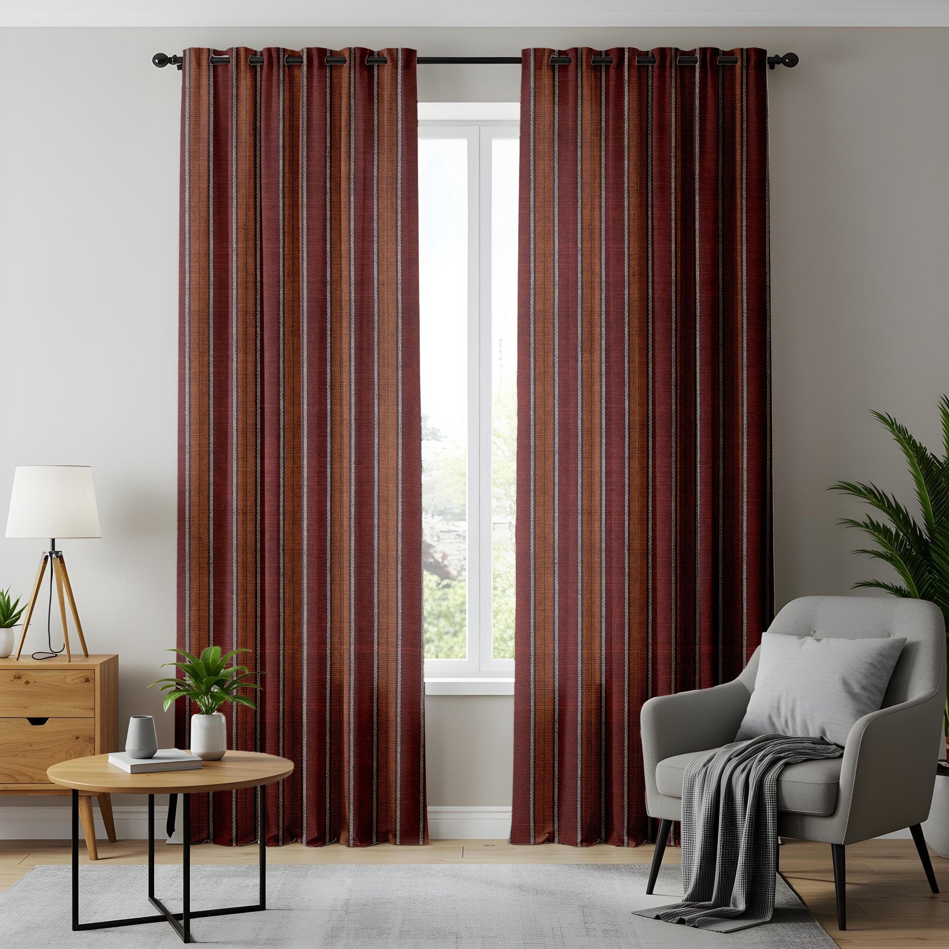 Onay Rustic Striped Curtains for Living Room, Earthy Red and Brown Toned Drapes