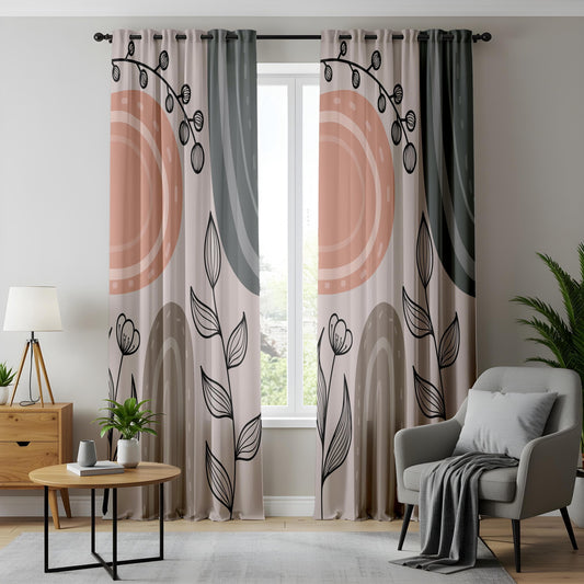 Onay Scandinavian Boho Plant Curtains – Neutral Pastel Drapes with Abstract Floral Line Art