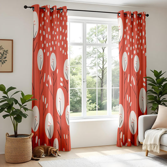 Onay Scandinavian Geometric Curtains – Bold Red & White Botanical Drapes