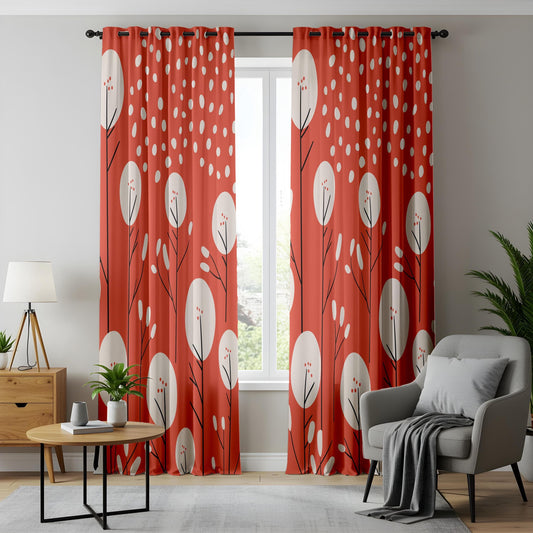 Onay Scandinavian Geometric Curtains – Bold Red & White Botanical Drapes