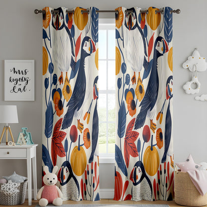 Onay Scandinavian Puffin Bird Curtains, Autumn Botanical Window Drapes