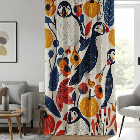Onay Scandinavian Puffin Bird Curtains, Autumn Botanical Window Drapes