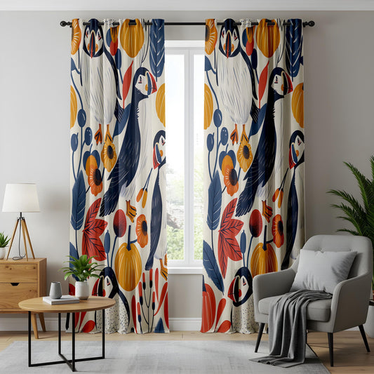 Onay Scandinavian Puffin Bird Curtains, Autumn Botanical Window Drapes