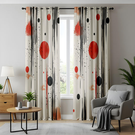 Onay Splash Art Circle Window Curtains, Red Black Abstract Living Room Panels