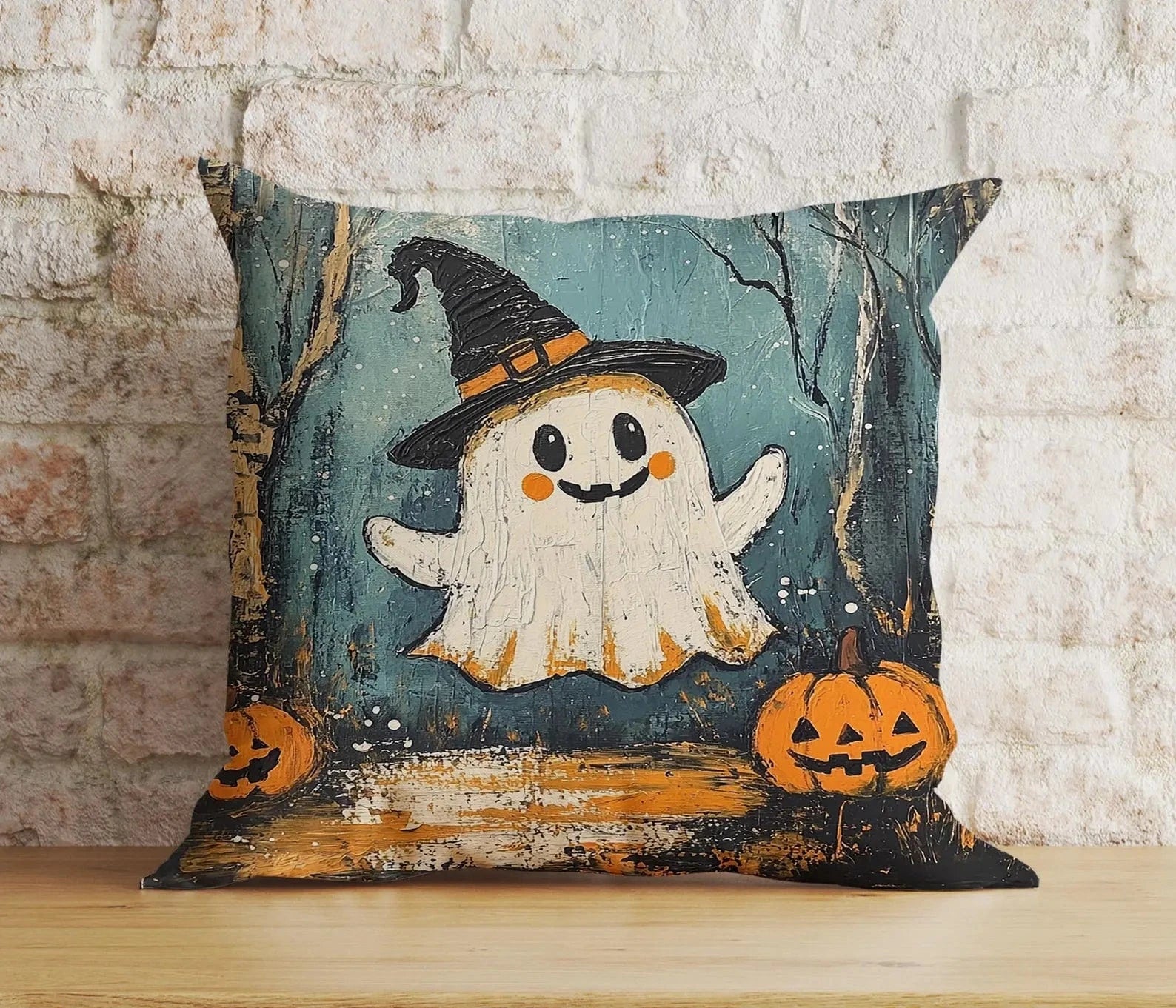 Onay Cushion Covers 5 / 12 x 12 inch (30 x 30 cm) Spooky Halloween Pumpkin Pillow Whimsical Ghost Print Cushion Covers