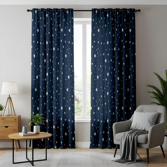 Onay Starry Night Window Curtains, Navy Blue & White Celestial Drapes