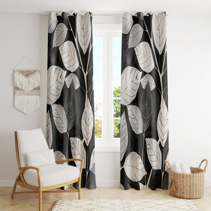 Stylish Black & White Botanical Leaves Curtains - Contemporary Gray Geometric Drapes