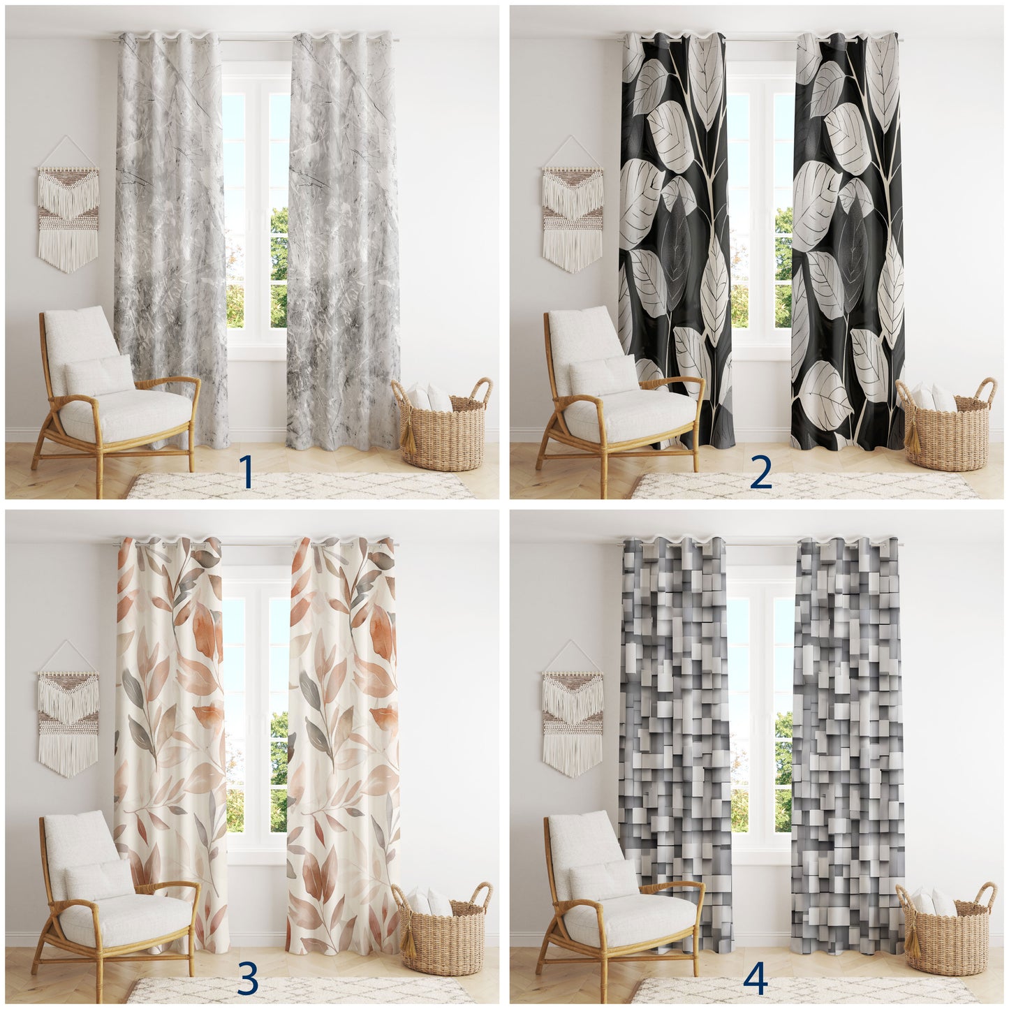 Stylish Black & White Botanical Leaves Curtains - Contemporary Gray Geometric Drapes