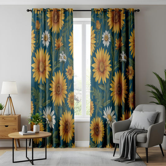 Onay Sunflower Window Curtains, Vintage Floral Drapes, Country Farmhouse Decor