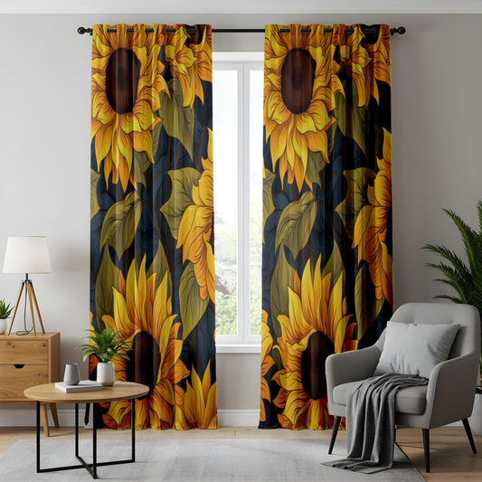 Onay Sunflower Window Curtains, Yellow Floral Drapes, Rustic Farmhouse Living Room Decor