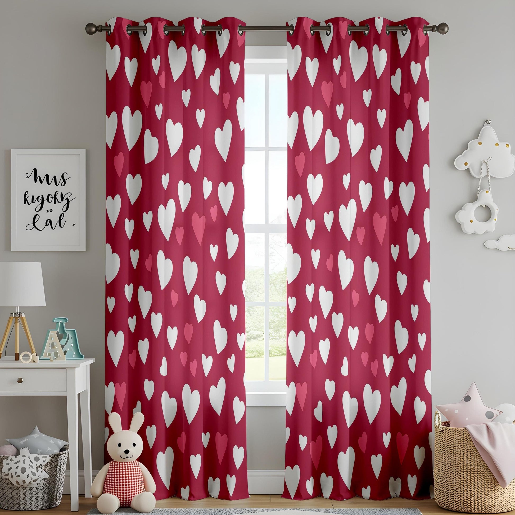 Onay Sweetheart Pattern Window Curtains, Red and White Love Theme Drapes
