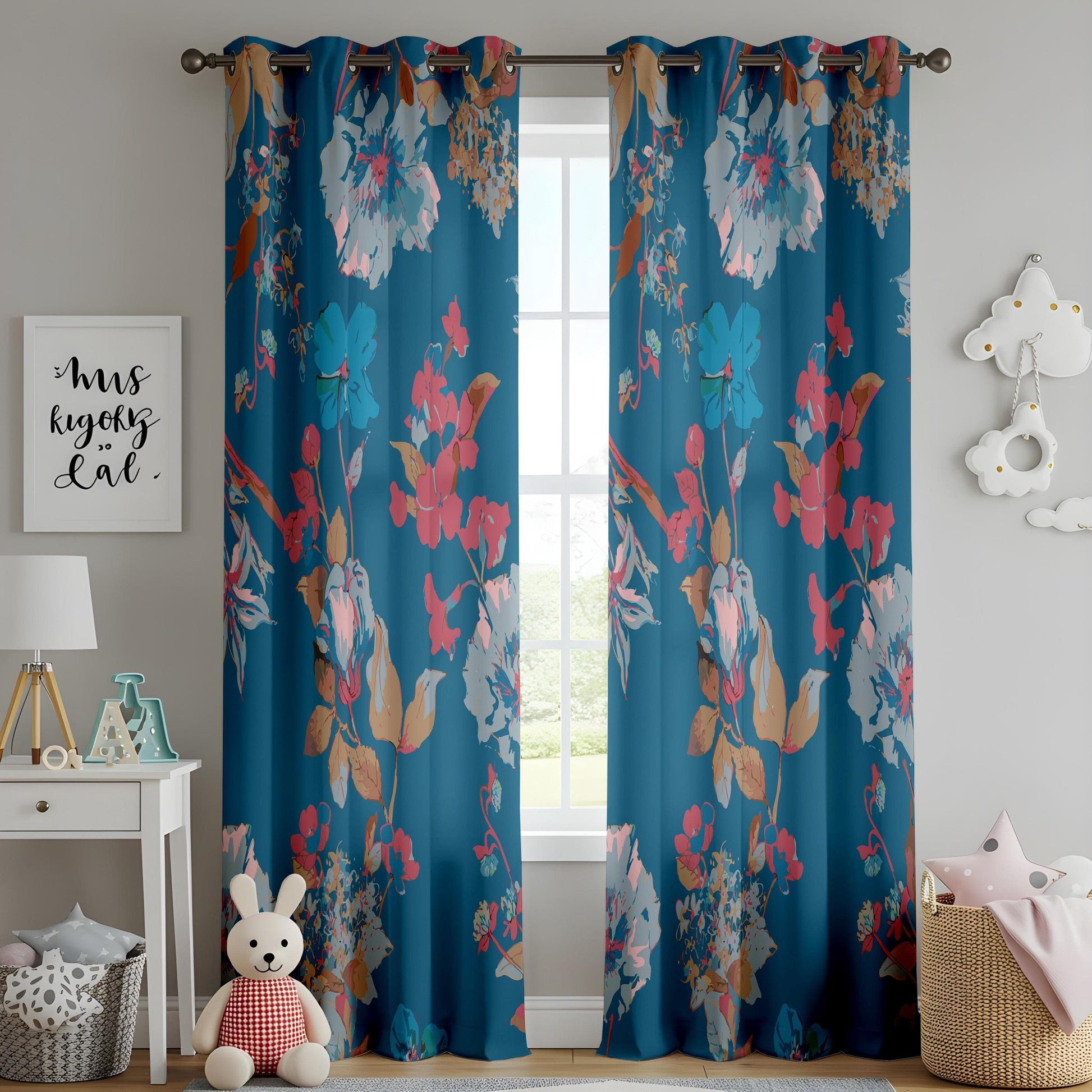 Onay Teal Blue Floral Curtains – Bold Botanical Cottagecore Drapes