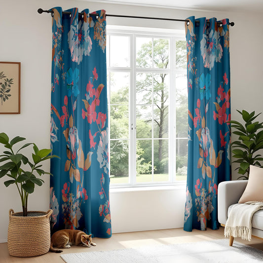 Onay Teal Blue Floral Curtains – Bold Botanical Cottagecore Drapes