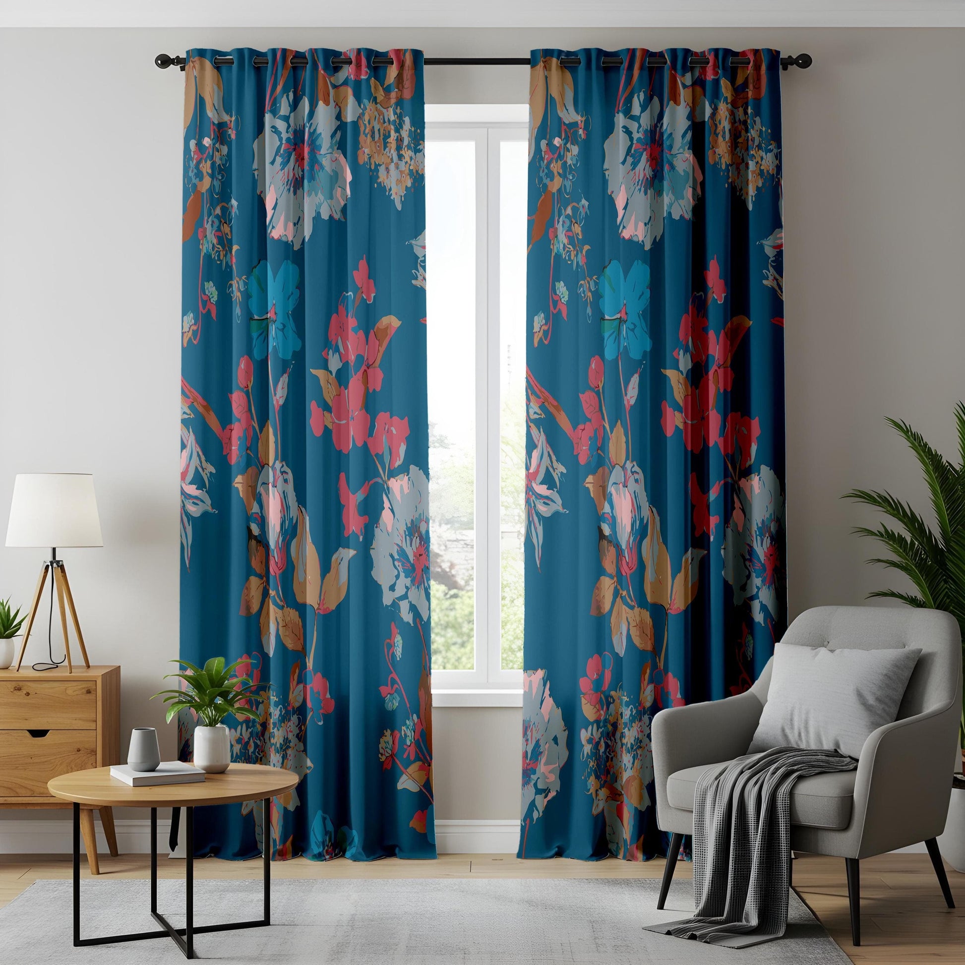 Onay Teal Blue Floral Curtains – Bold Botanical Cottagecore Drapes