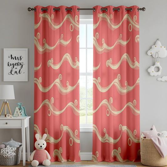Onay Traditional Asian Wave Curtains, Minimalist Red - Beige Swirl Pattern