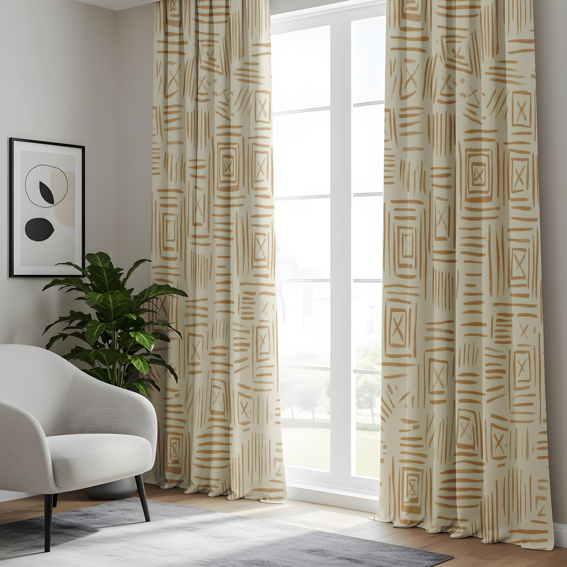 Onay Tribal Pattern Living Room Curtains, Warm Tan Geometric Window Curtains