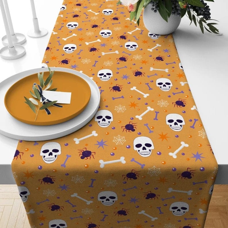 Onay Table Runner 4 / 12 x 46 inch (30 x 120 cm) Trick or Treat Spooky Halloween Table Runner Orange Yellow Spider Web Runner