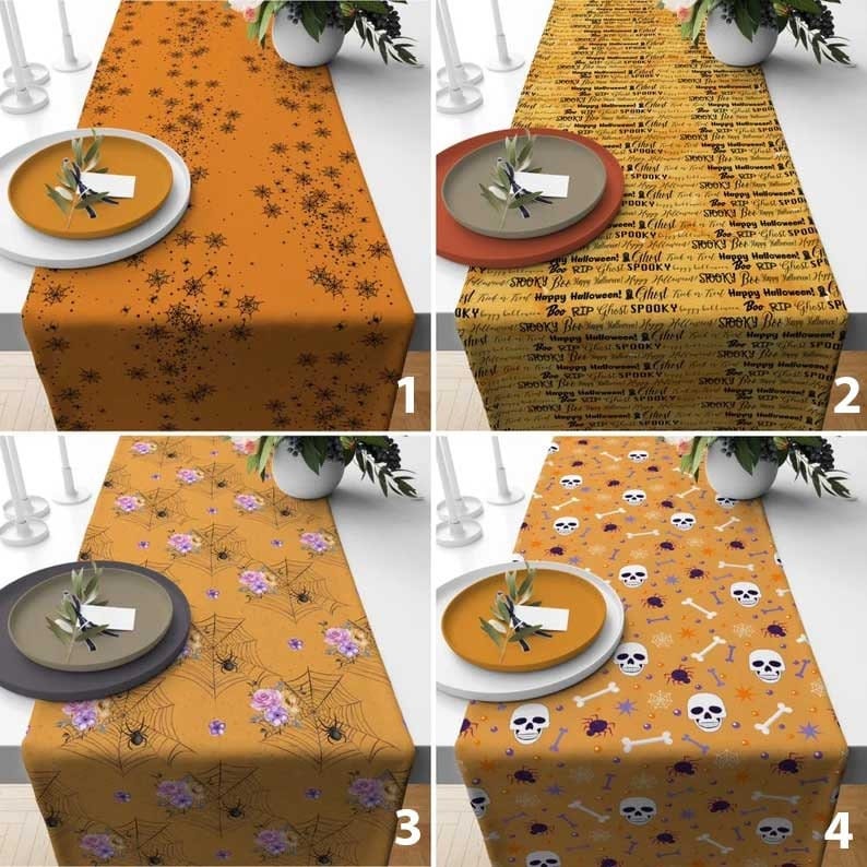 Onay Table Runner Trick or Treat Spooky Halloween Table Runner Orange Yellow Spider Web Runner