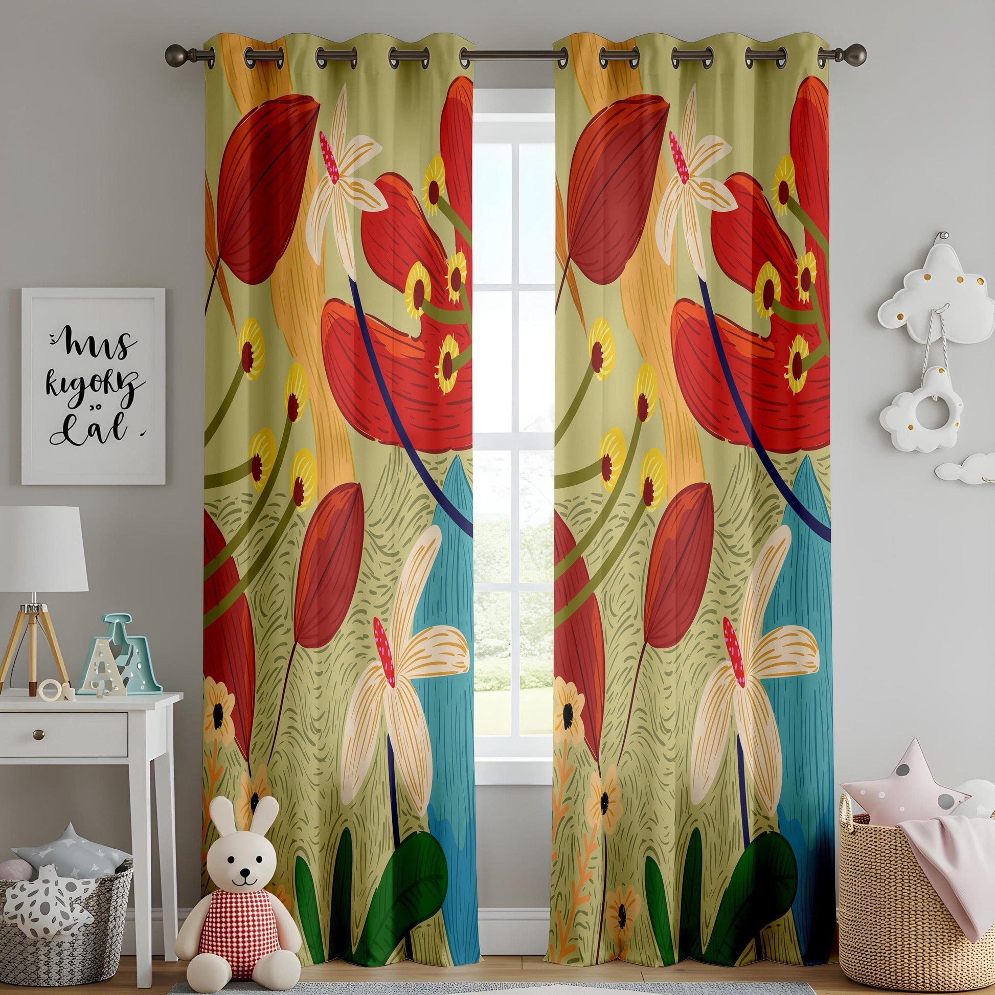 Onay Tropical Botanical Curtains – Vibrant Jungle Floral Drapes in Red, Yellow & Green