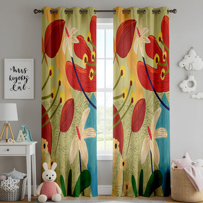 Onay Tropical Botanical Curtains – Vibrant Jungle Floral Drapes in Red, Yellow & Green