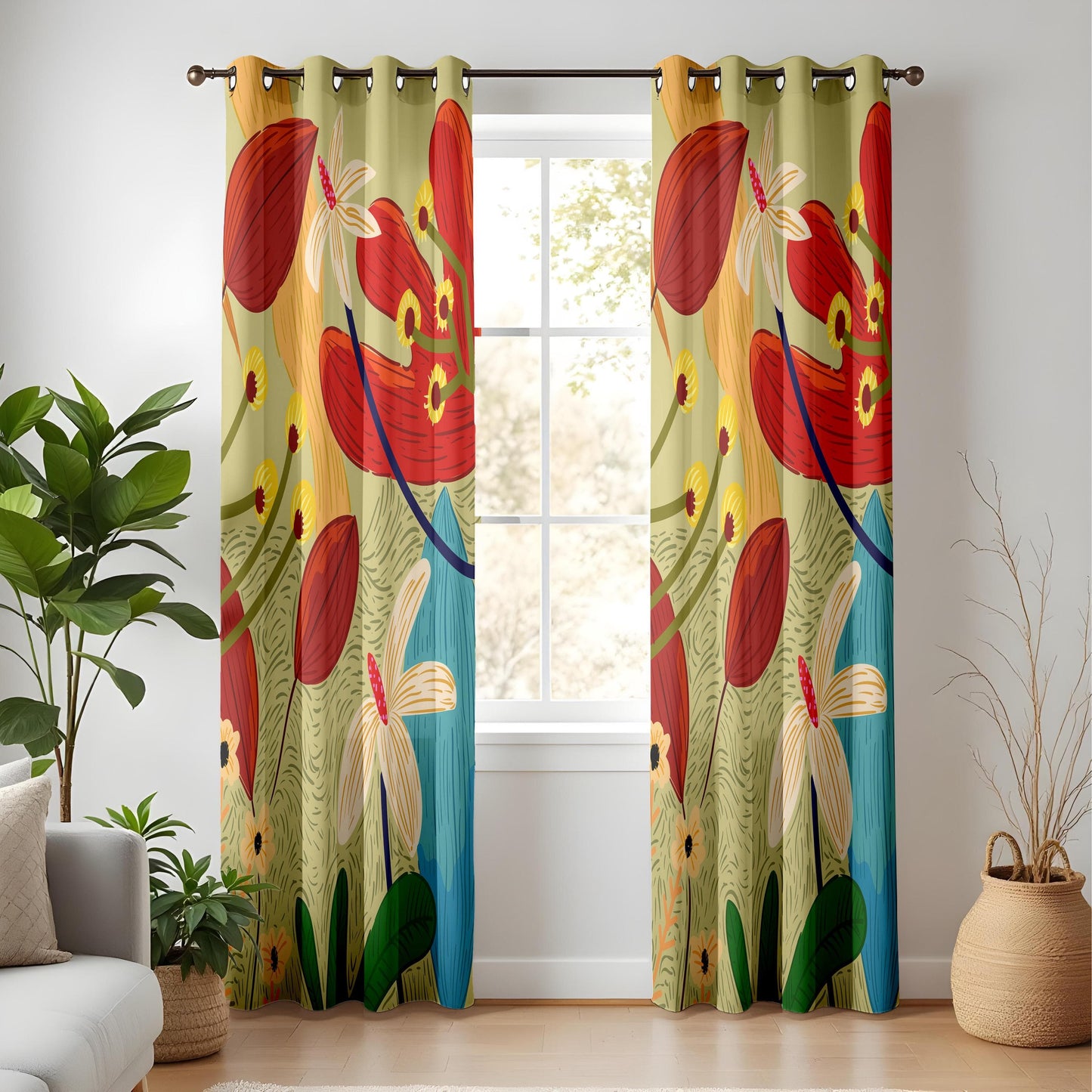 Onay Tropical Botanical Curtains – Vibrant Jungle Floral Drapes in Red, Yellow & Green
