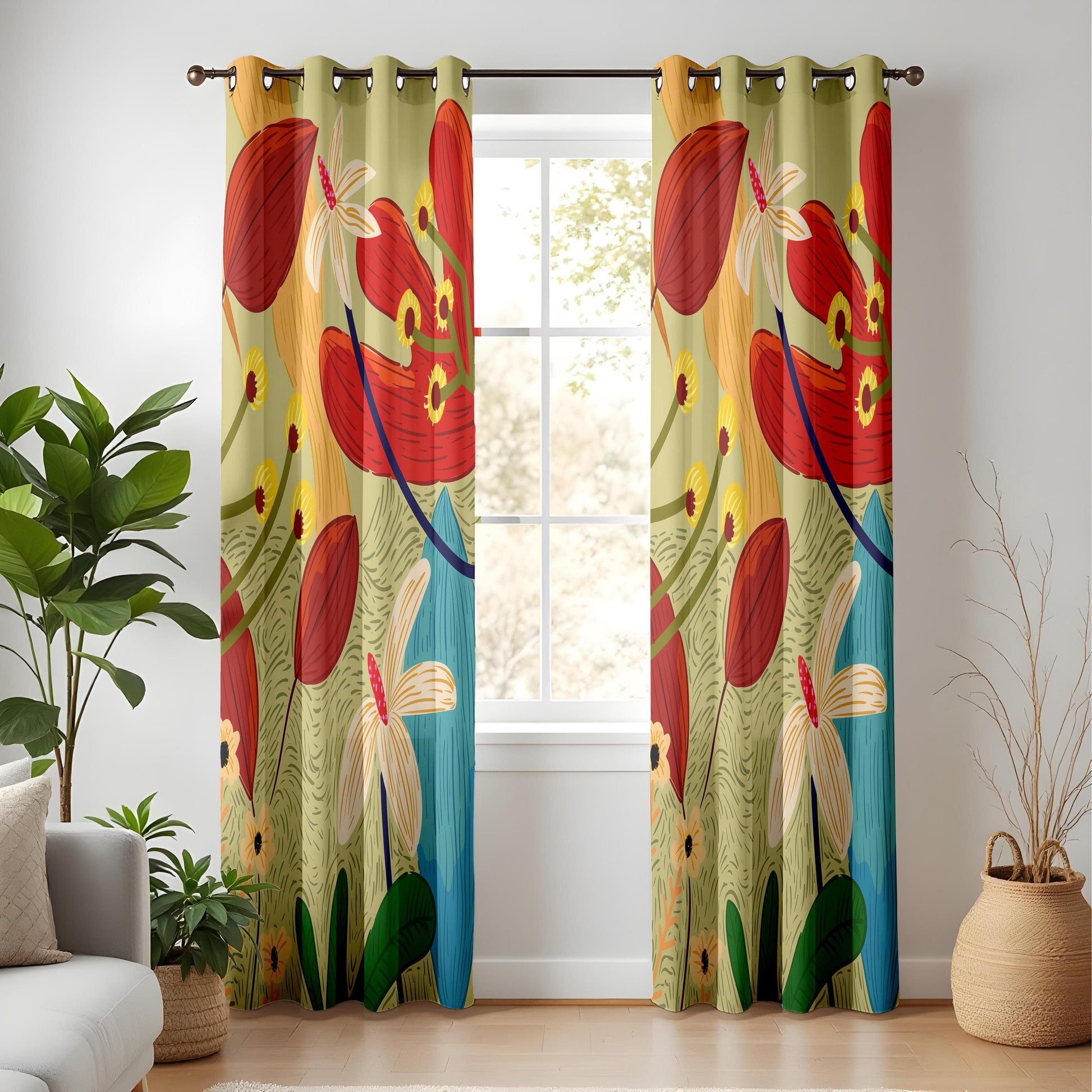 Onay Tropical Botanical Curtains – Vibrant Jungle Floral Drapes in Red, Yellow & Green