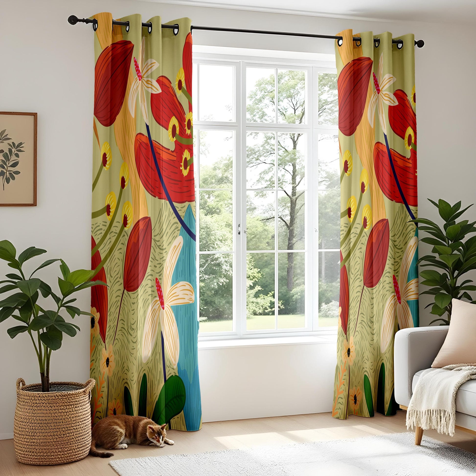 Onay Tropical Botanical Curtains – Vibrant Jungle Floral Drapes in Red, Yellow & Green