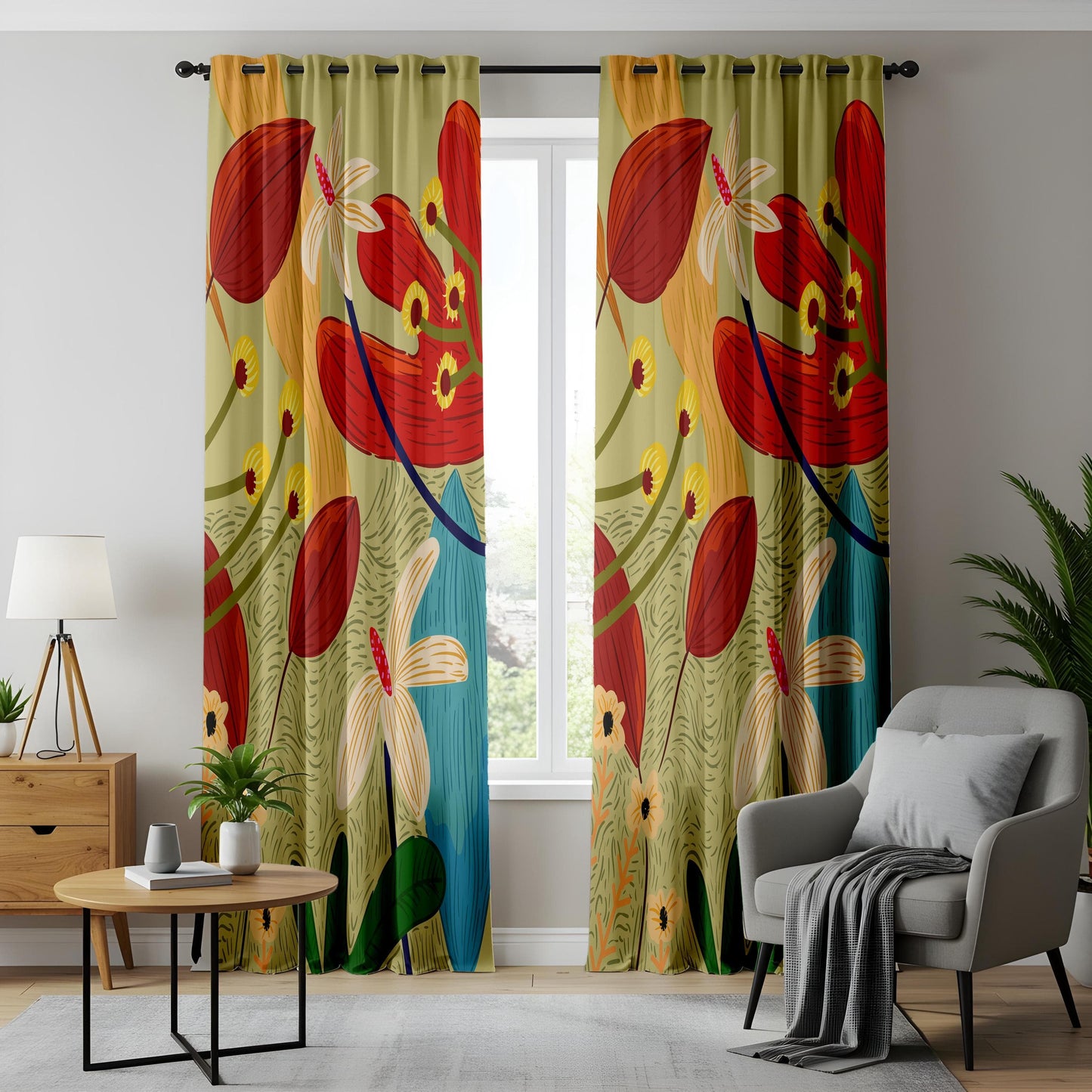 Onay Tropical Botanical Curtains – Vibrant Jungle Floral Drapes in Red, Yellow & Green