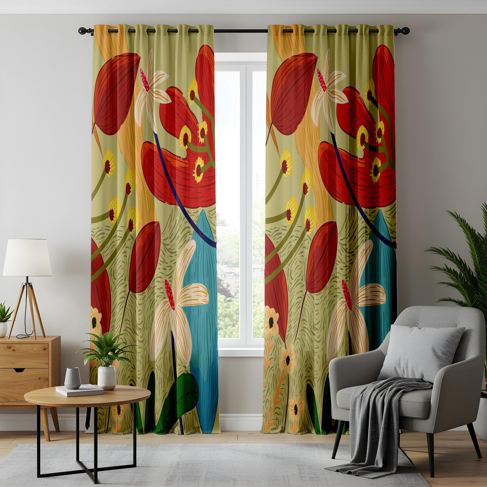 Onay Tropical Botanical Curtains – Vibrant Jungle Floral Drapes in Red, Yellow & Green