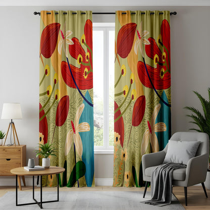 Onay Tropical Botanical Curtains – Vibrant Jungle Floral Drapes in Red, Yellow & Green