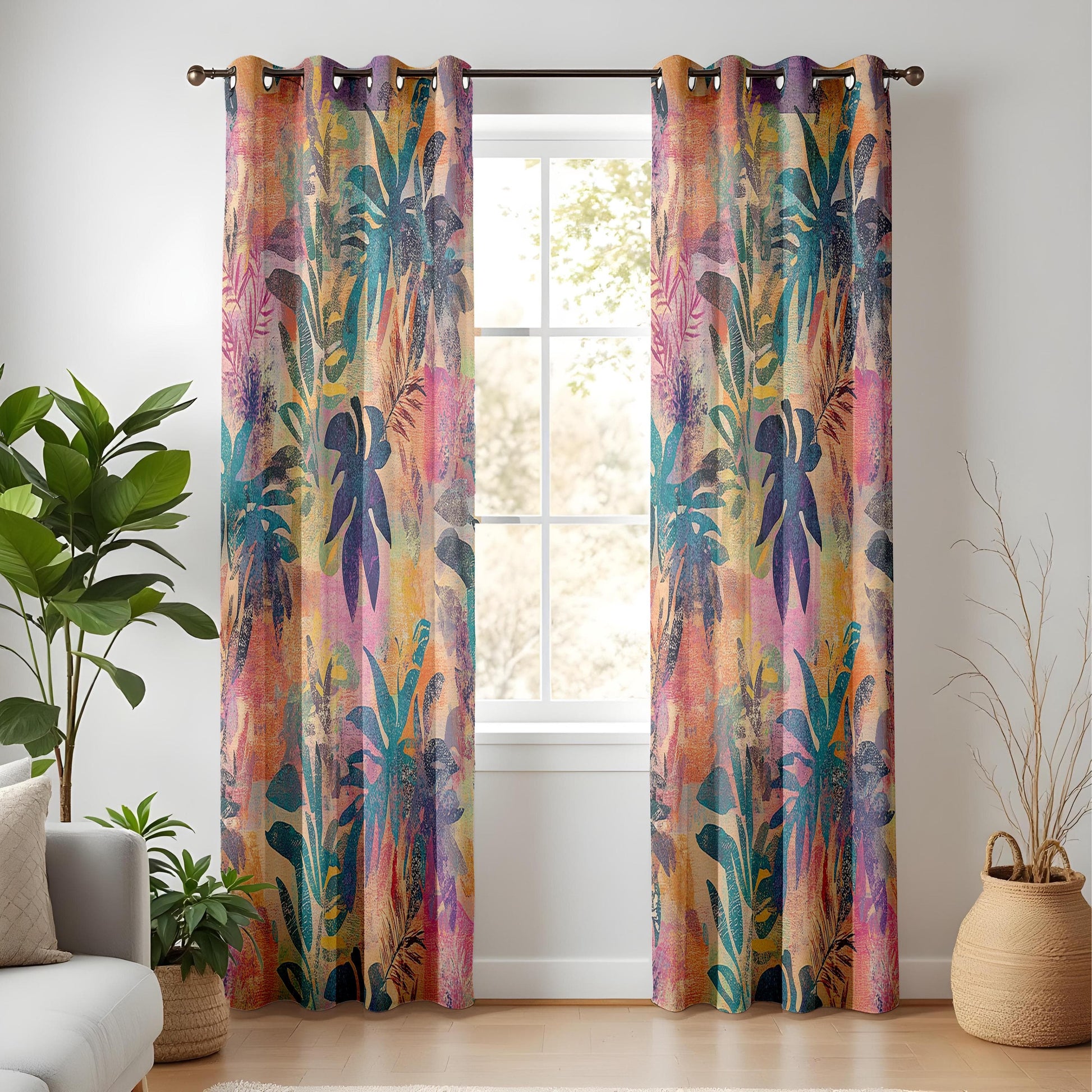 Onay Tropical Jungle Curtains – Vibrant Multicolor Palm Leaf Drapes for Exotic Botanical Living Room