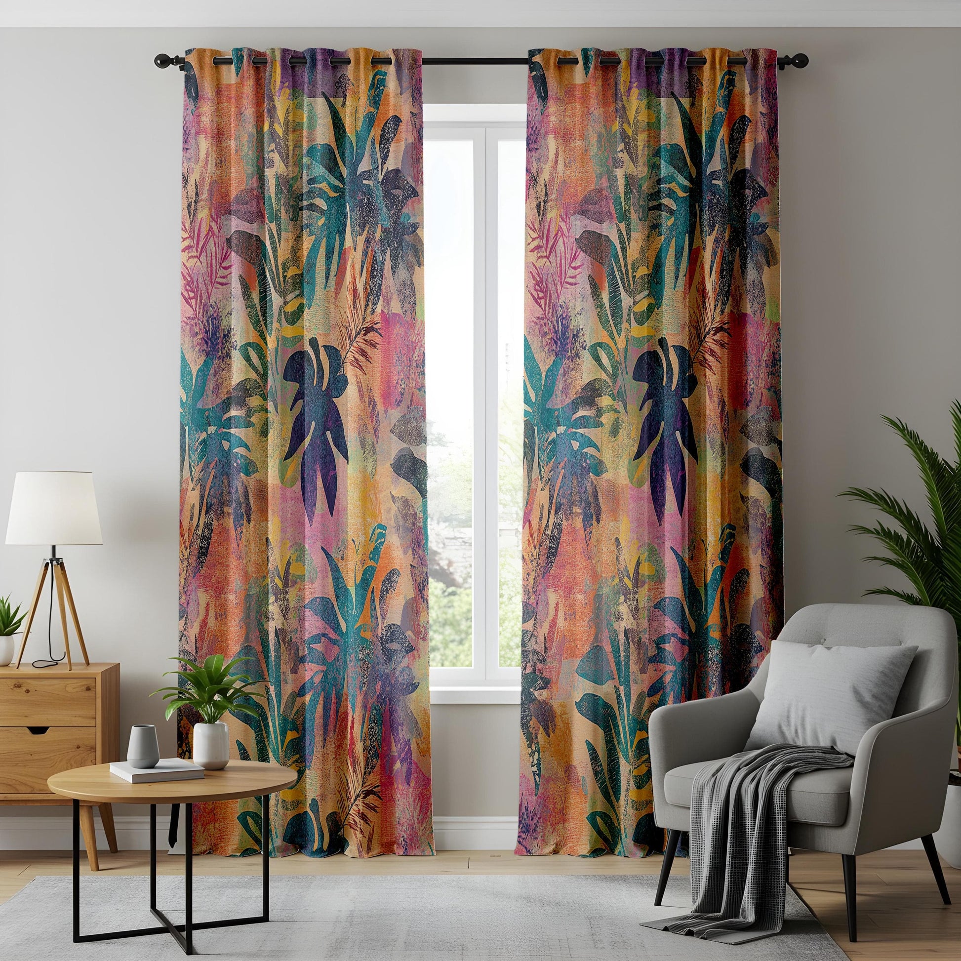 Onay Tropical Jungle Curtains – Vibrant Multicolor Palm Leaf Drapes for Exotic Botanical Living Room
