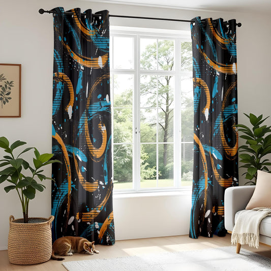 Onay Urban Graffiti Curtains – Black & Gold Brushstroke Art Drapes