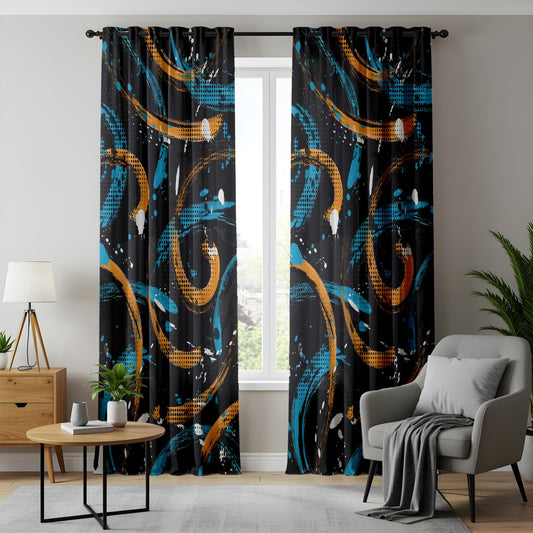 Onay Urban Graffiti Curtains – Black & Gold Brushstroke Art Drapes