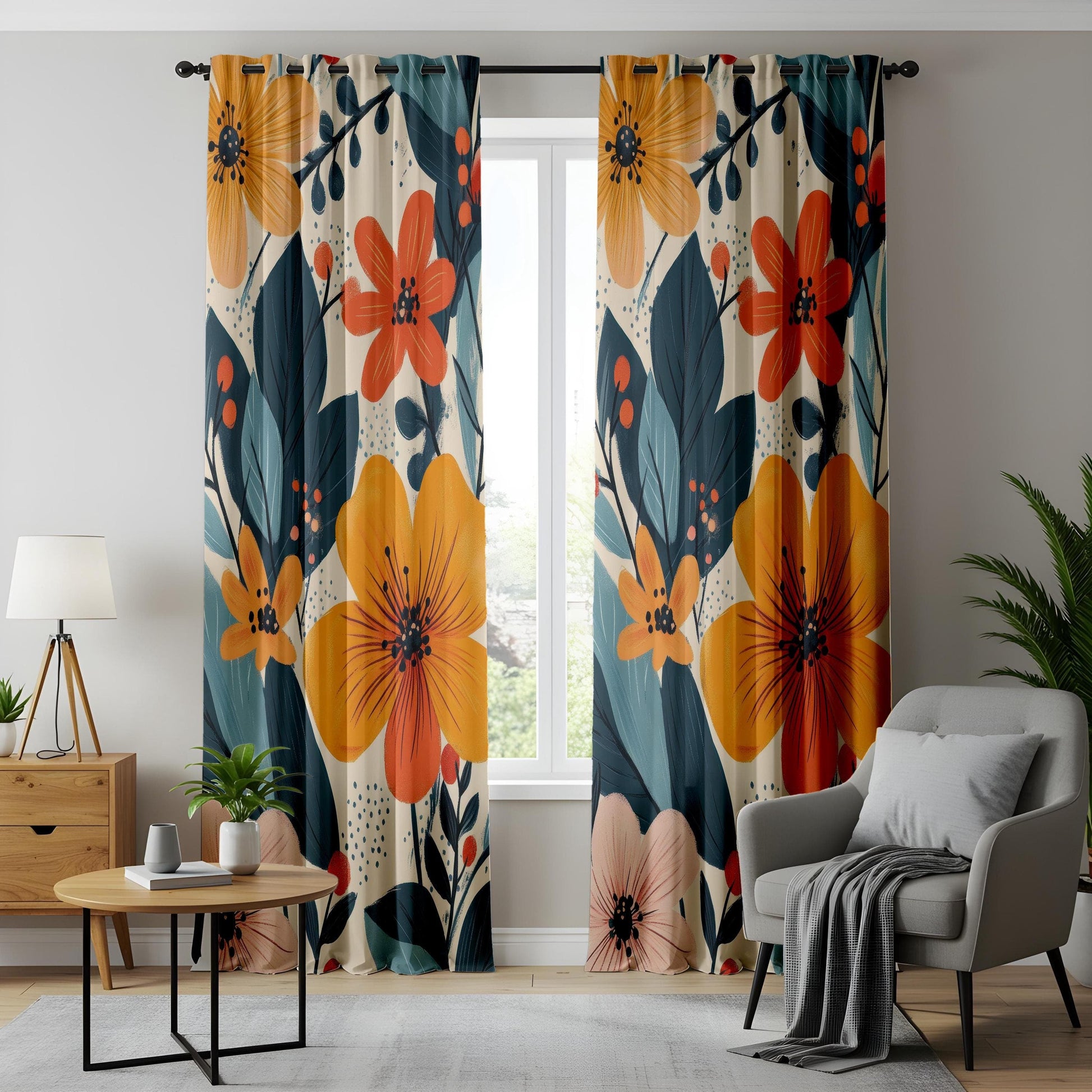 Onay Vibrant Floral Window Curtains, Orange & Blue Botanical Drapes, Tropical Flower Pattern