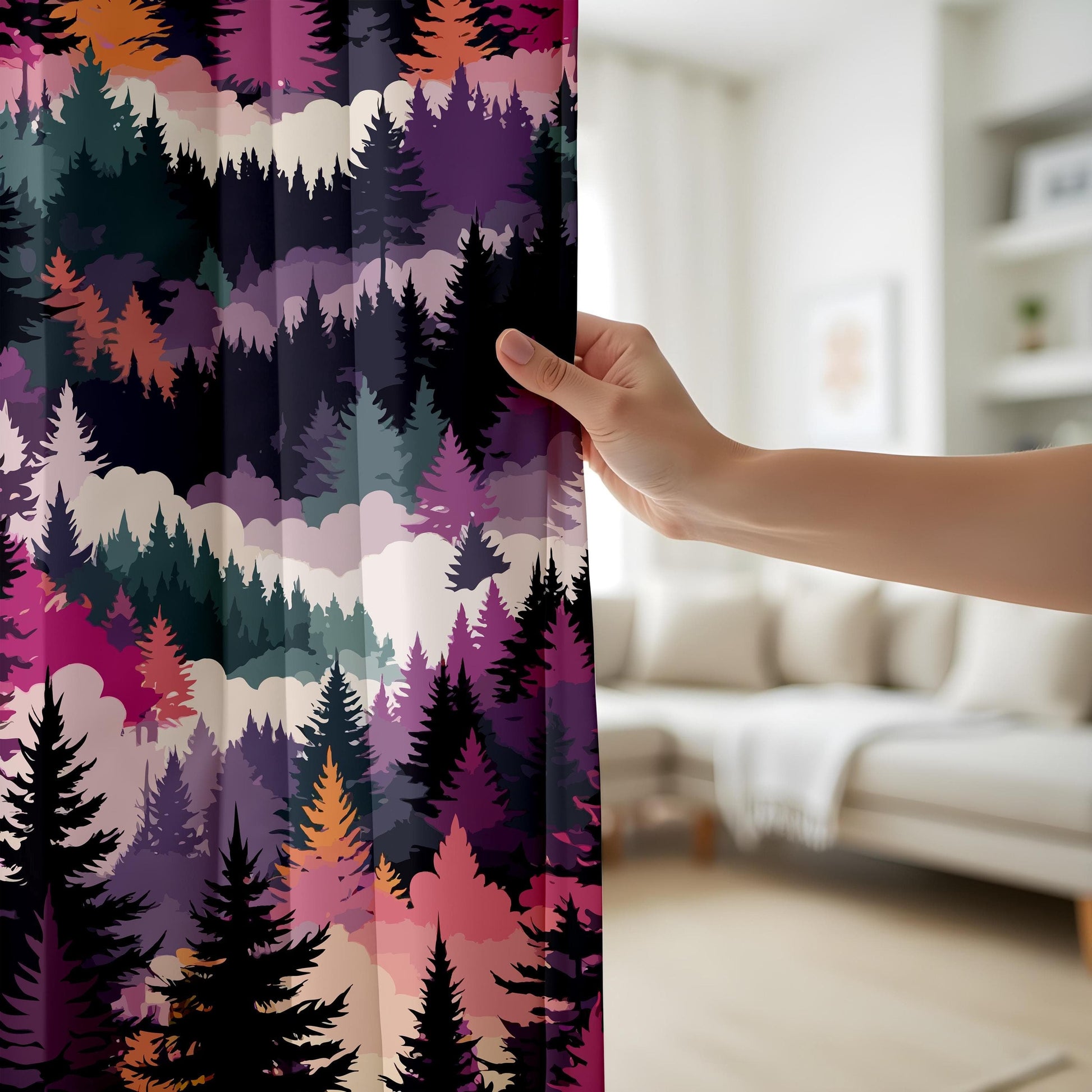 Onay Vibrant Tree Pattern Curtains – Purple and Pink Forest Drapes for Cozy Rustic Woodland Interiors