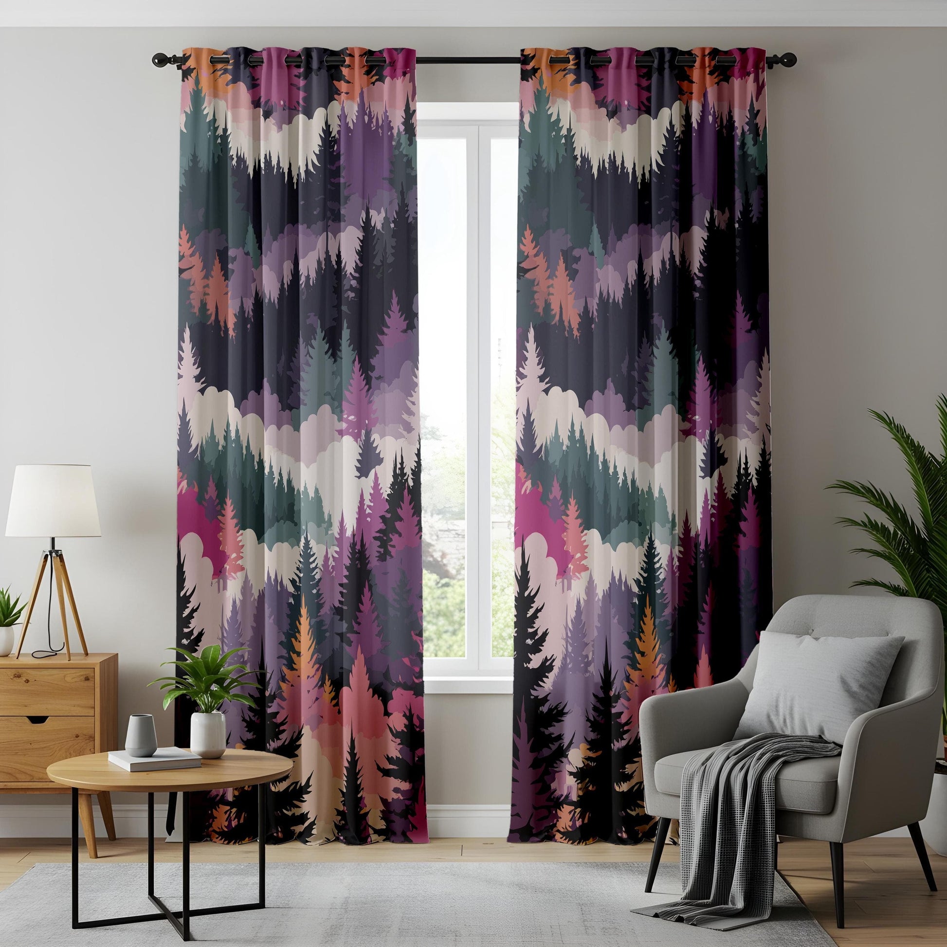 Onay Vibrant Tree Pattern Curtains – Purple and Pink Forest Drapes for Cozy Rustic Woodland Interiors