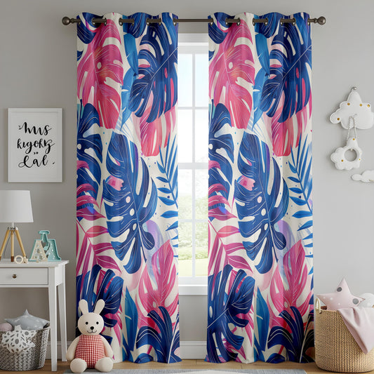 Onay Vibrant Tropical Leaf Print Curtains, Bold and Colorful Pink and Blue Monstera Pattern