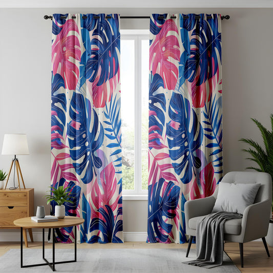 Onay Vibrant Tropical Leaf Print Curtains, Bold and Colorful Pink and Blue Monstera Pattern
