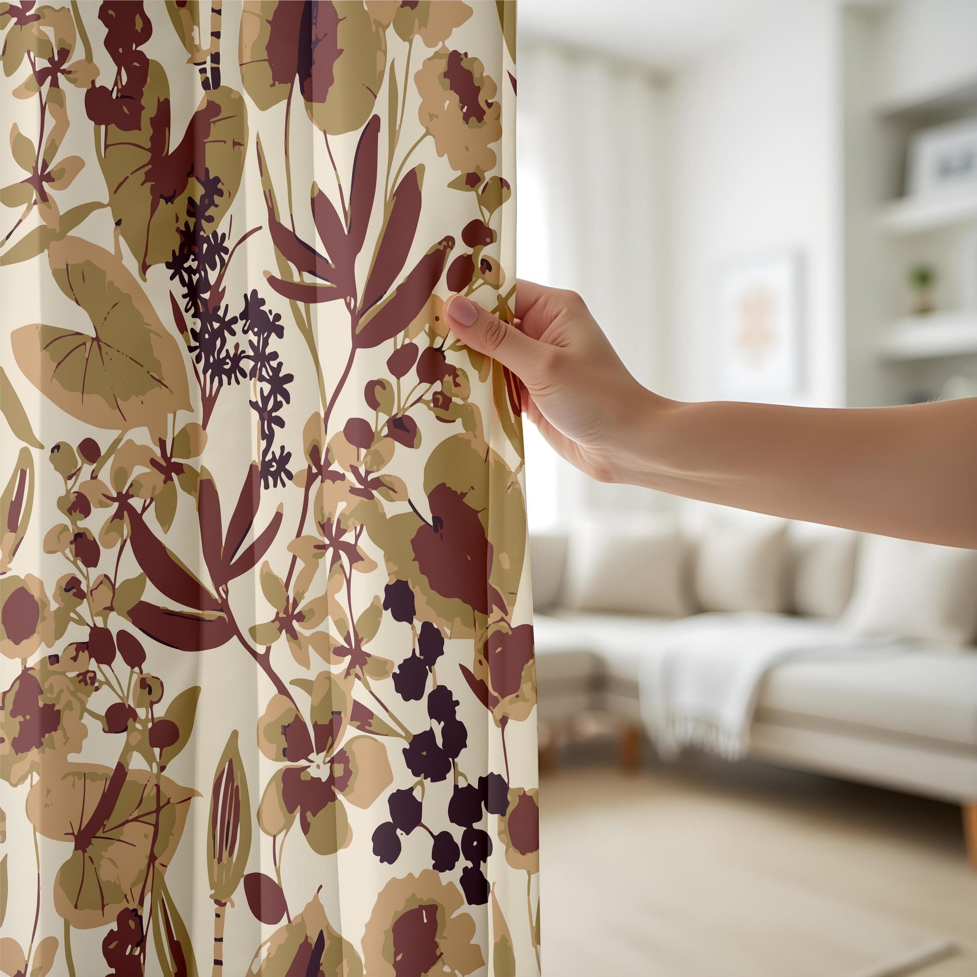 Onay Vintage Floral Curtains – Beige and Burgundy Botanical Drapes for Rustic Nature-Inspired Interiors