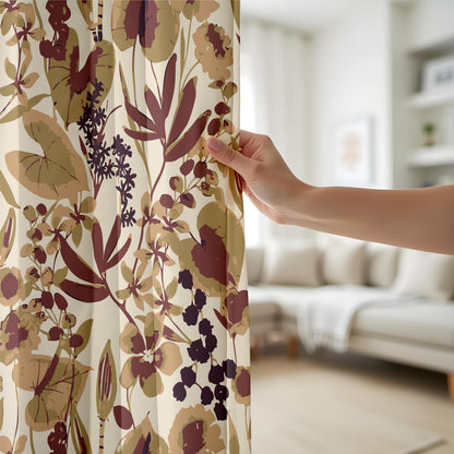 Onay Vintage Floral Curtains – Beige and Burgundy Botanical Drapes for Rustic Nature-Inspired Interiors