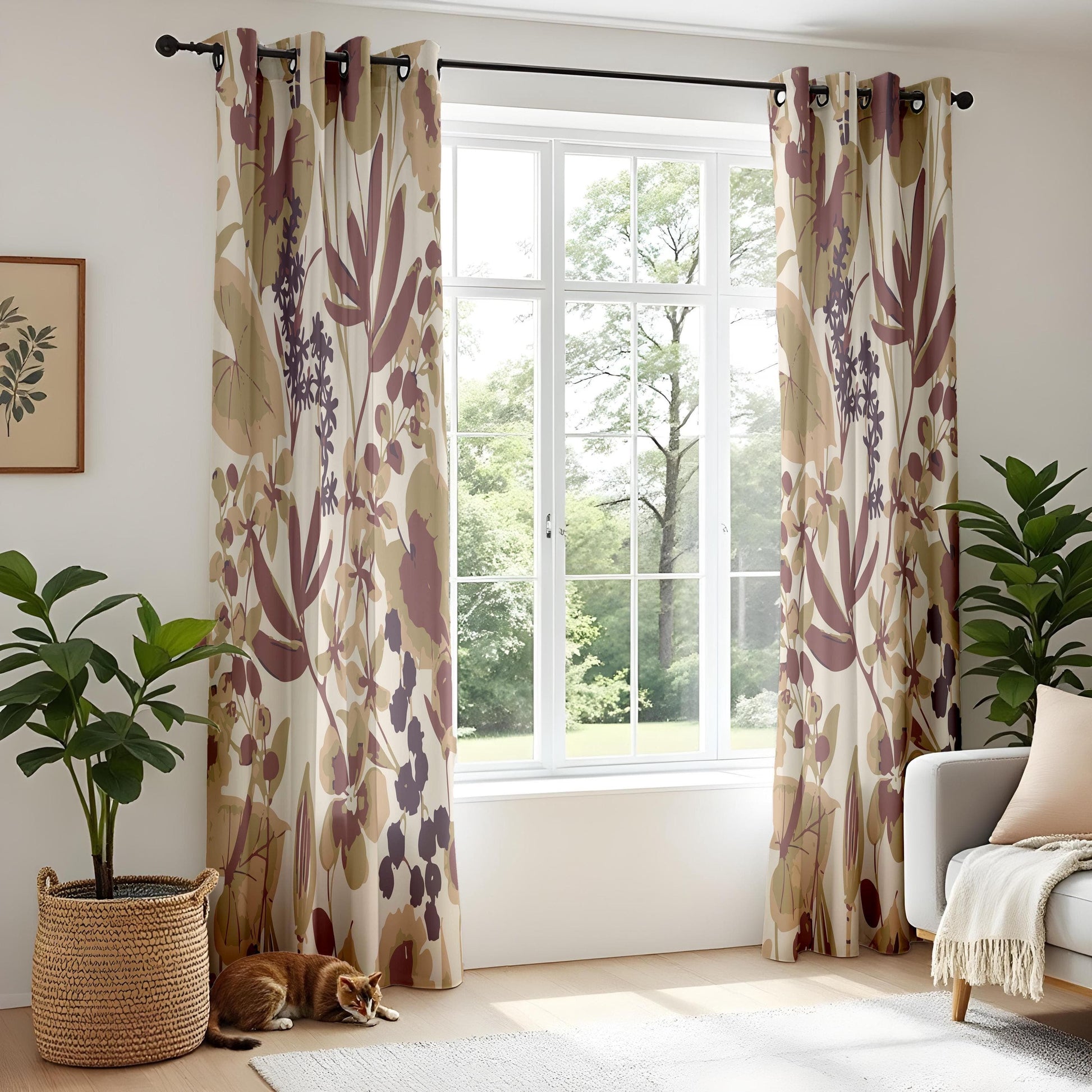 Onay Vintage Floral Curtains – Beige and Burgundy Botanical Drapes for Rustic Nature-Inspired Interiors