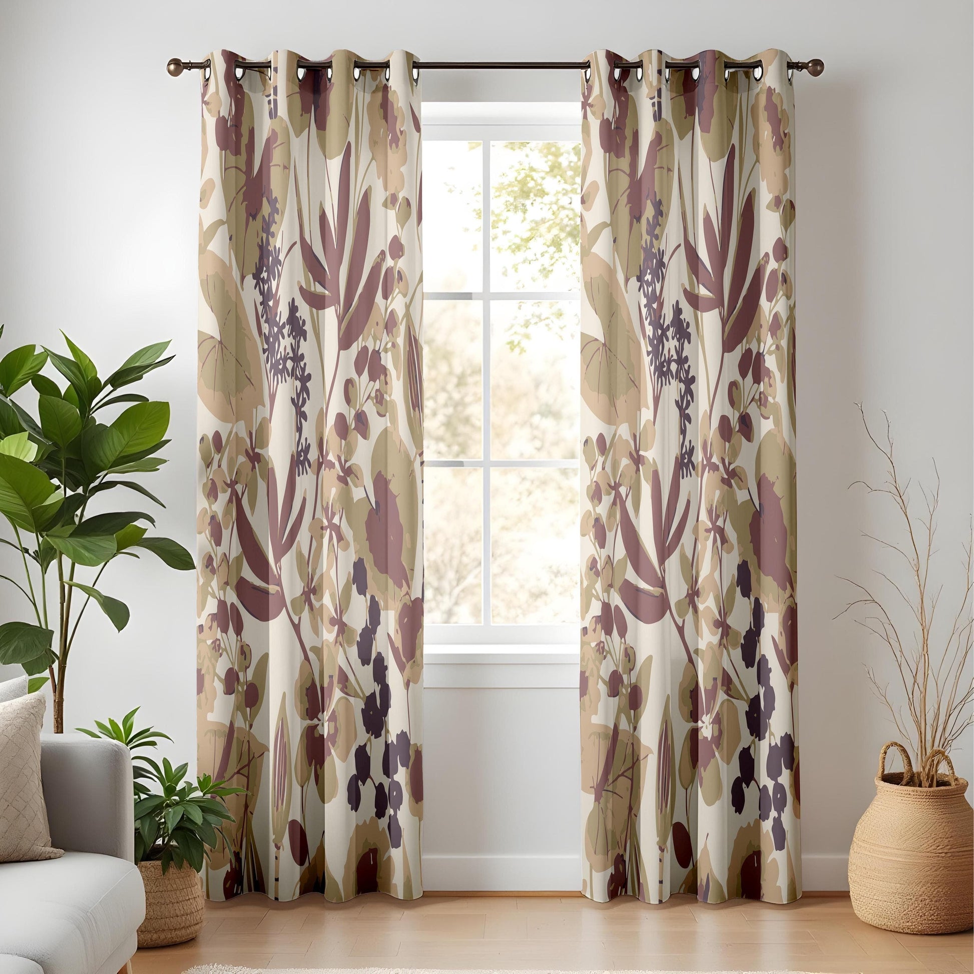 Onay Vintage Floral Curtains – Beige and Burgundy Botanical Drapes for Rustic Nature-Inspired Interiors